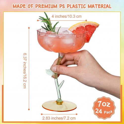 Yiyiring 24 Pcs Flower Detachable Martini Glasses, 7oz Plastic Cocktail Glasses, Flower Edge Wavy Mimosa Champagne Glass Coupe Unbreakable Glassware for Wine Wedding Valentine Party(Pink)