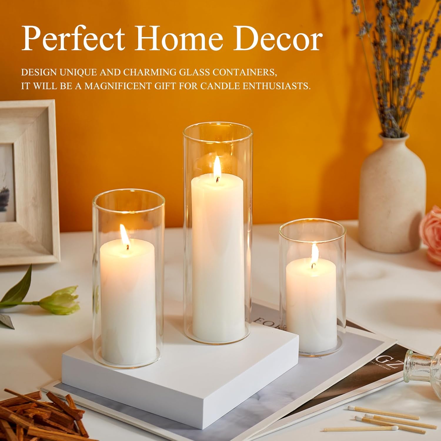 Set of 6 White Pillar Candles by [Brand Name] - Elegant Glass Hurricane Holders for Weddings & Home Decor