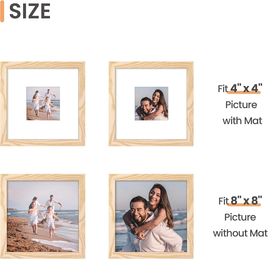 Upsimples 8x8 Picture Frame - Versatile Display for 4x4 or 8x8 Photos | Natural Wood Finish, 1 Pack
