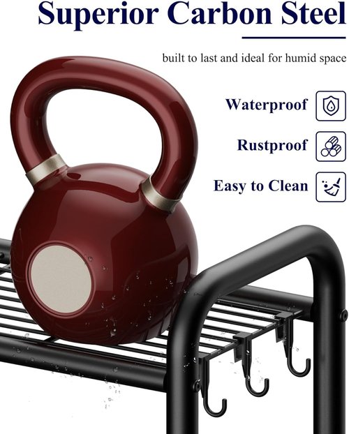 Kitsure Over Toilet Storage Rack - Metal Bathroom Organizer Shelf with Paper Holder & Hooks | Black, 3 Tiers (63.2" H)