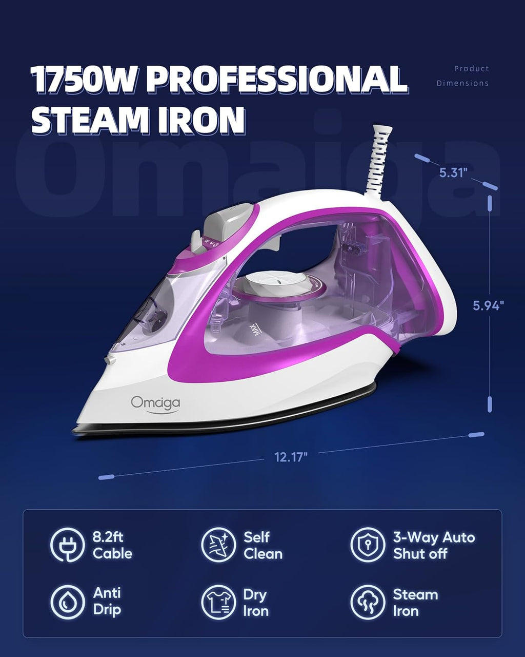 Omaiga Steam Iron - 1750W Fast Heating with 15.21oz Water Tank & Ceramic Soleplate | Self-Cleaning, Anti-Drip