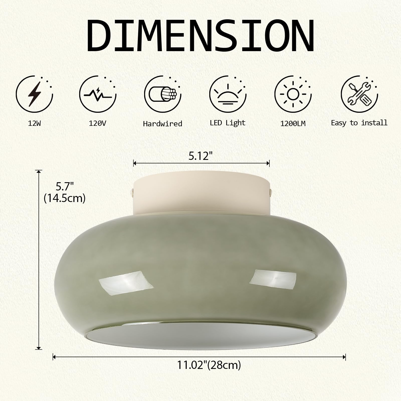 TeHenoo Modern LED Ceiling Light,11 inch,Olive Green Milk Glass Shade,3000K/Warm White/15W,Mid Century Flush Mount Light for Hallway,Laundry Room,Living Room