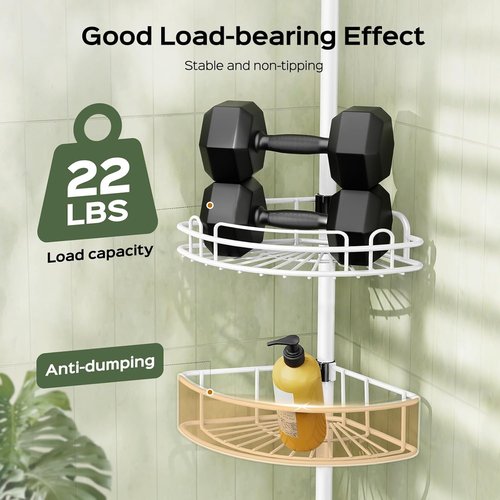 HAMITOR Corner Shower Caddy - Rustproof Tension Pole Organizer for Shampoo & Accessories | 47-121 Inch - White
