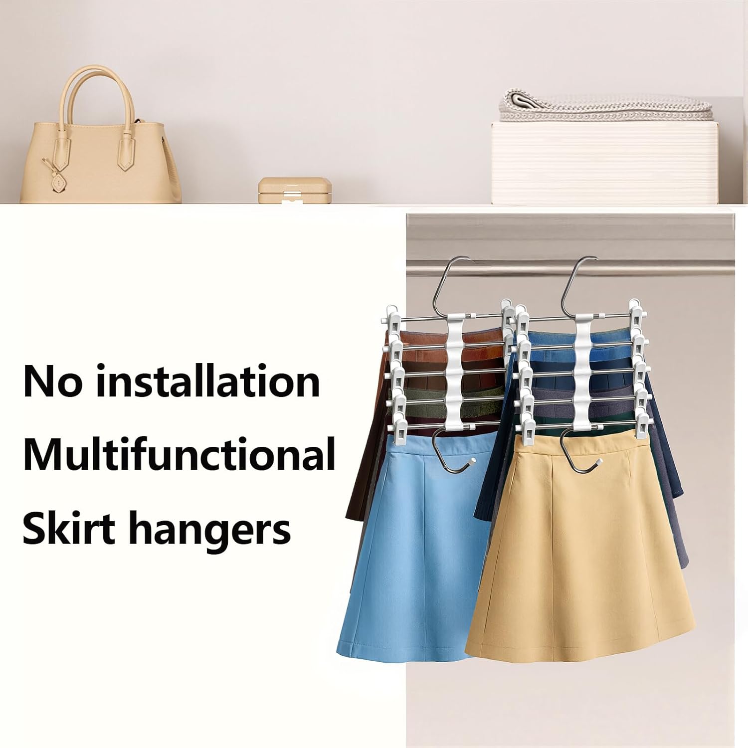 Skiennix Skirt Hangers - Space-Saving Metal Pants Hangers with Clips - 2 Pack Closet Organizer
