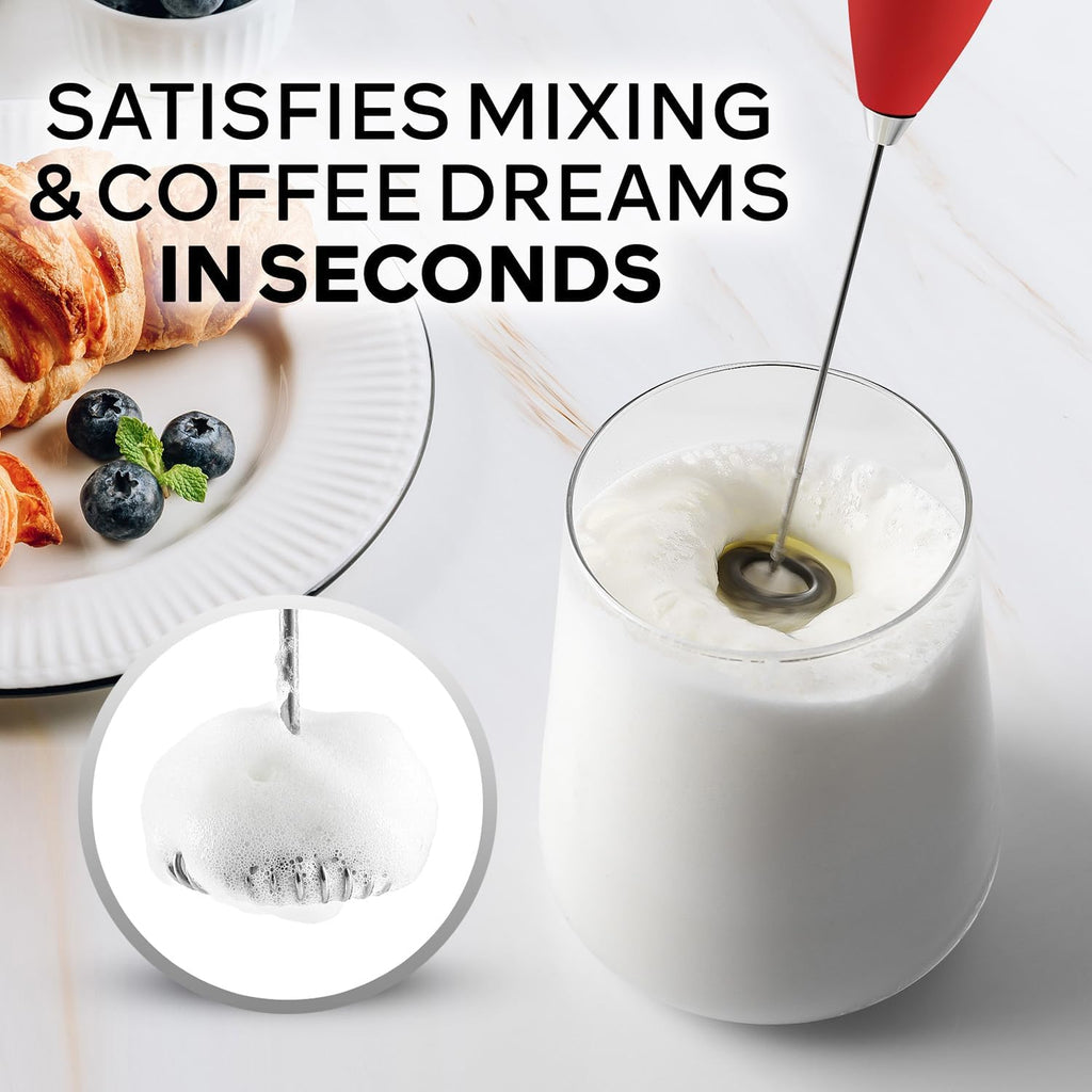 Zulay Kitchen Milk Frother Wand - Ultra-Fast Handheld Mixer for Coffee & Lattes - Cardinal Red