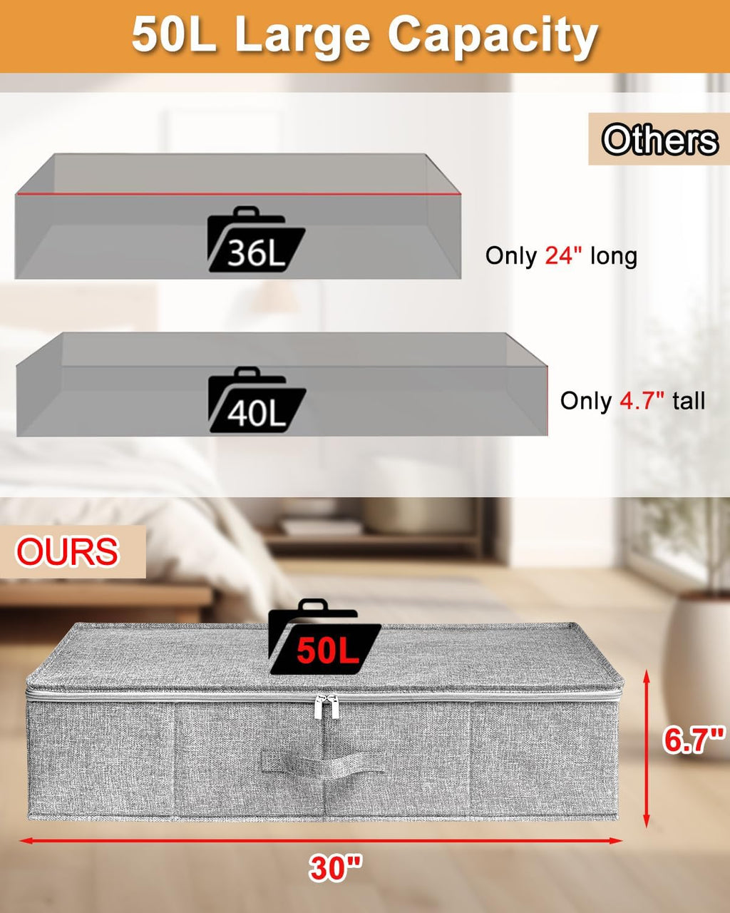 Under Bed Storage - 2 Pack Foldable Container Bags With Lid | Sturdy Clothes Organizer, 30x15x6.7 Inch, Grey
