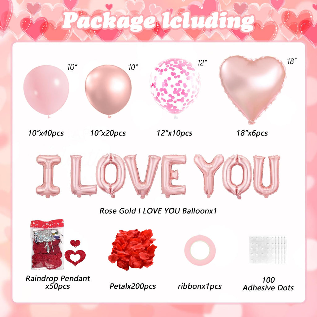 Valentines Day Decorations Set, Valentines Day Balloon Kit with Rose Gold Pink I LOVE YOU Balloons Rose Petals for Anniversary Mothers Day Wedding Romantic Decorations Special Night