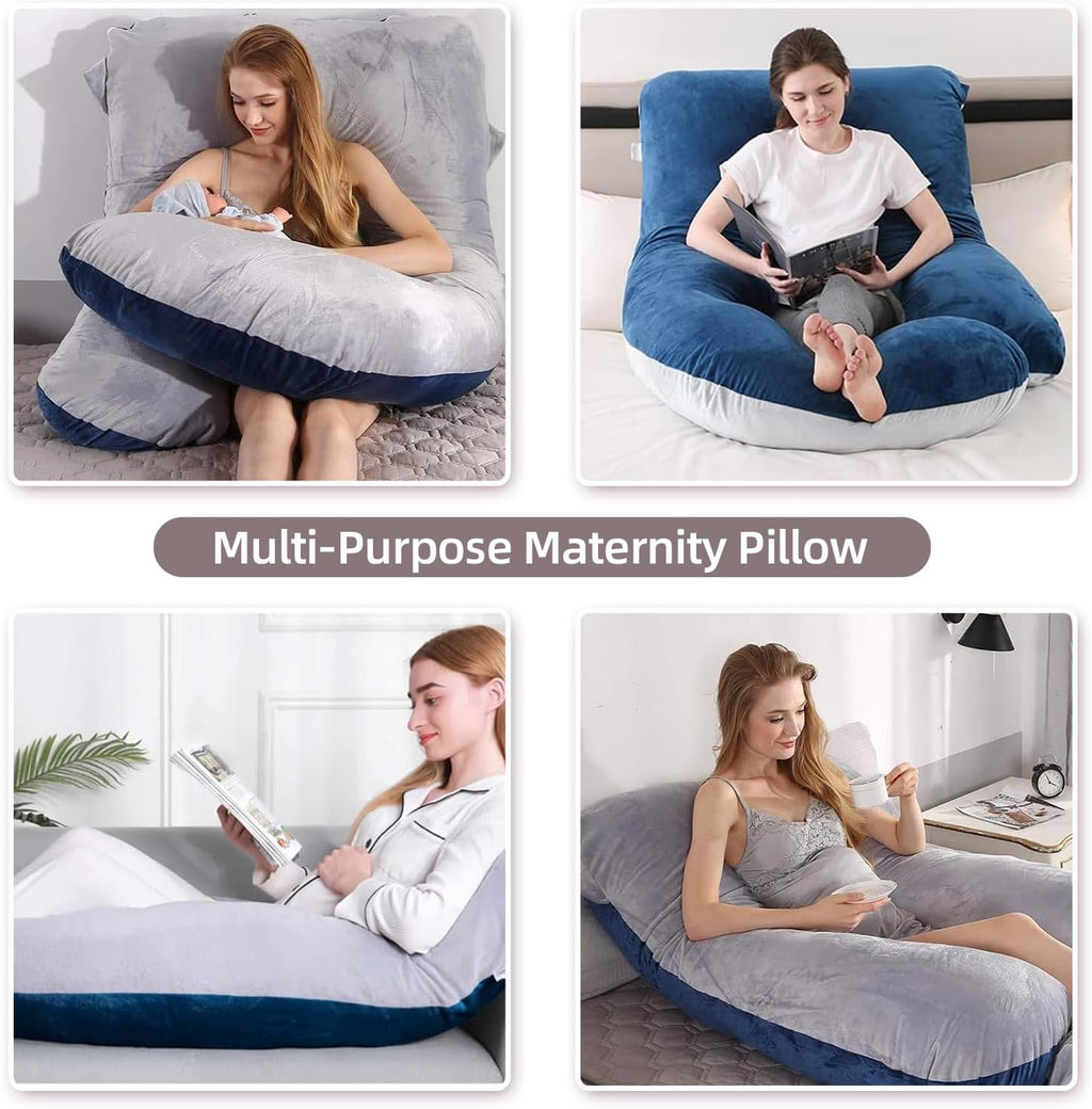 Skiennix 60 Inch U-Shaped Pregnancy Pillow - Cooling Full Body Maternity Support with Washable Velvet Cover | Light Grey & Blue