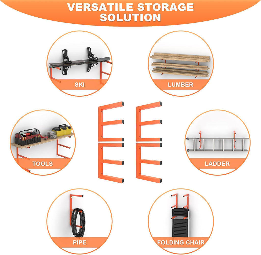 Ultrawall Lumber Storage Rack - Heavy-Duty Wall-Mounted Wood Organizer | Holds 220 LBS Per Level (Pack of 4, Orange)