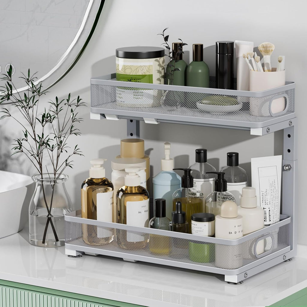Under Sink Organizer 2 Pack - Adjustable 2 Tier Metal Storage Drawers for Kitchen & Bathroom