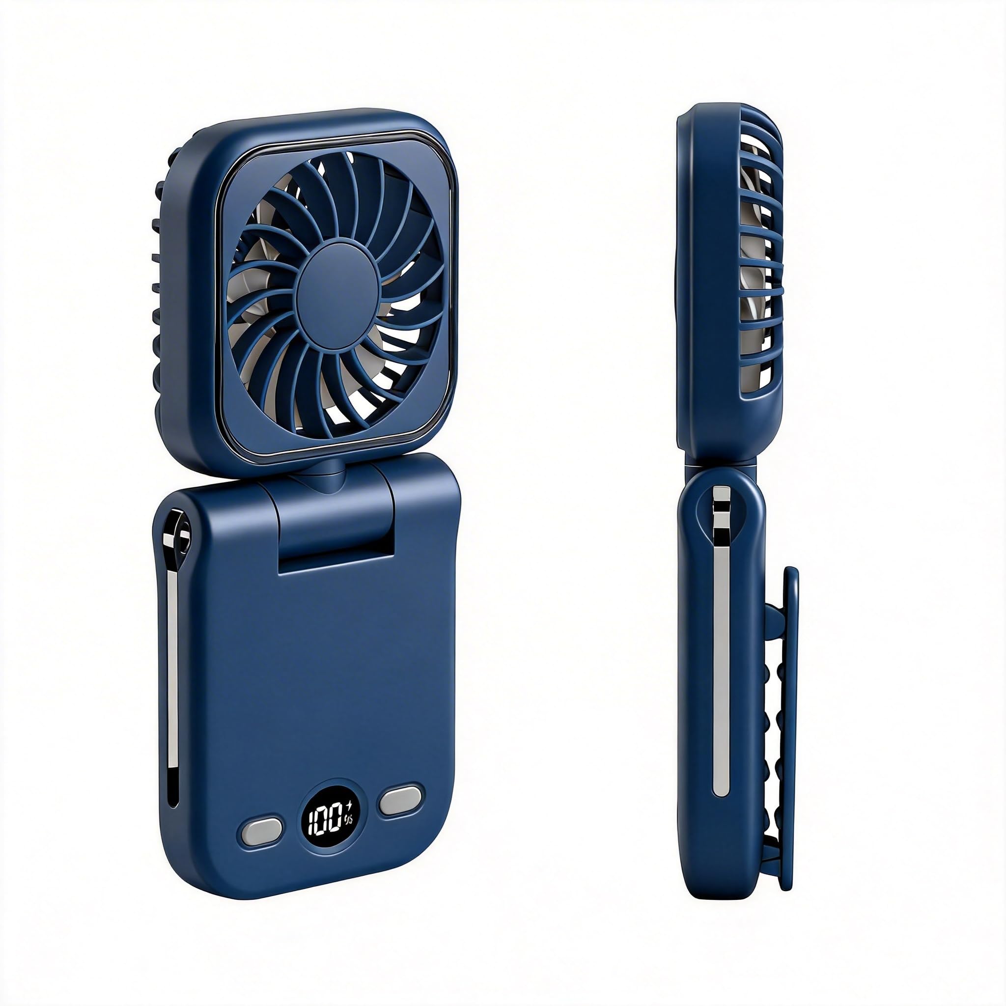 onovatpol Mini Portable Handheld Clip On Rechargeable Personal Hand Fan with LED Display, Pocket Battery Operated 100 Speed Adjustable Small Fan for Travel/Outdoor/Concerts/Lash/Makeup/Gift(dark blue)