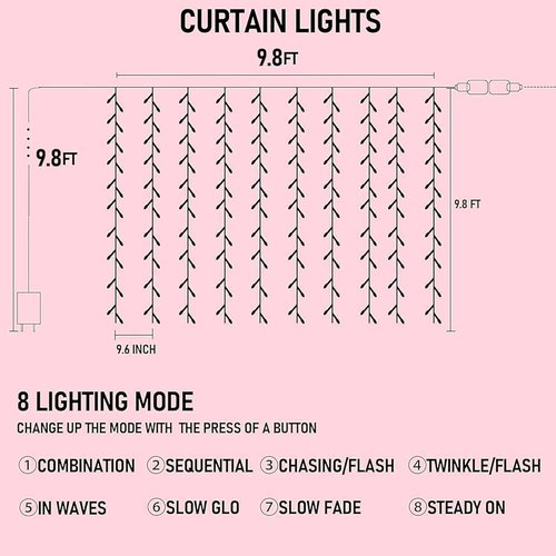 Dazzle Bright 300 LED Curtain String Lights - Waterproof Fairy Lights with 8 Modes | Pink Decor for Bedroom, Wedding & Parties