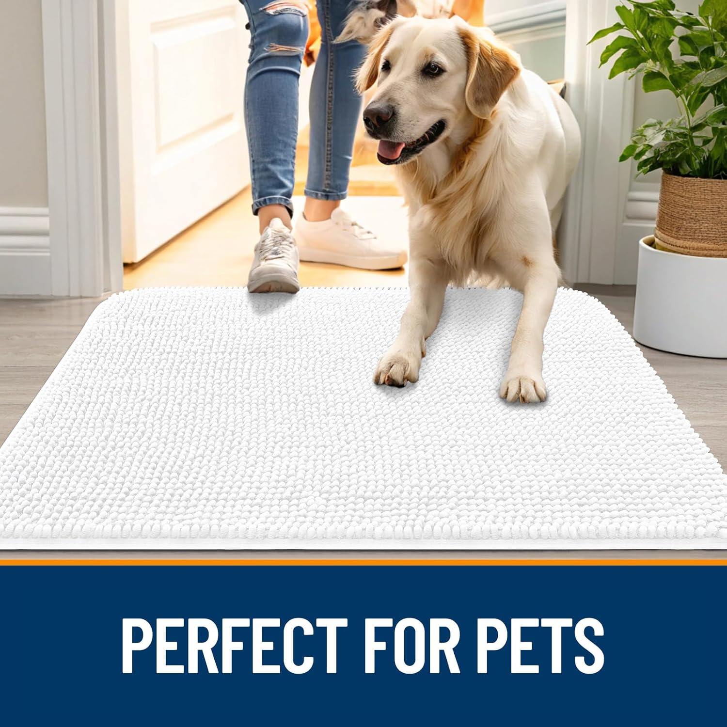 OLANLY Dog Door Mat - Absorbent Non-Slip Washable Doormat for Muddy Paws | 54x24 Inches, Quick Dry Chenille, White