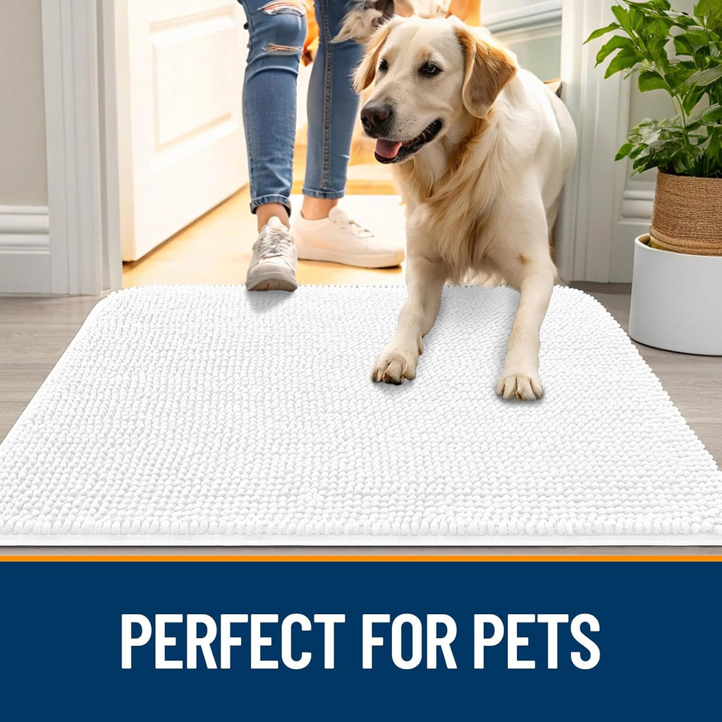 OLANLY Dog Door Mat - Absorbent Non-Slip Chenille Mat for Muddy Paws | 45x27, Quick Dry, White