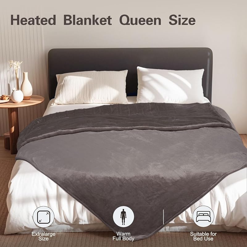 Queen Heated Blanket 84x90 with Dual Controls, Soft Flannel 3 Heat Settings - Camel Grey