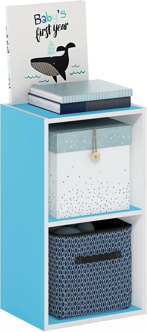 Furinno PASIR 2-Tier Modern Bookshelf - Easy Assembly Open Shelves Bookcase | Light Blue/White 9 x 12 x 21