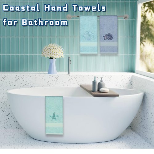 Ddeetodu 3 Pcs Coastal Hand Towels Ocean Decorative Bathroom Towels Decors Beach Hand Towel Embroidered Towel Decorative Set 100% Cotton Soft Absorbent Towels for Bathroom Decors