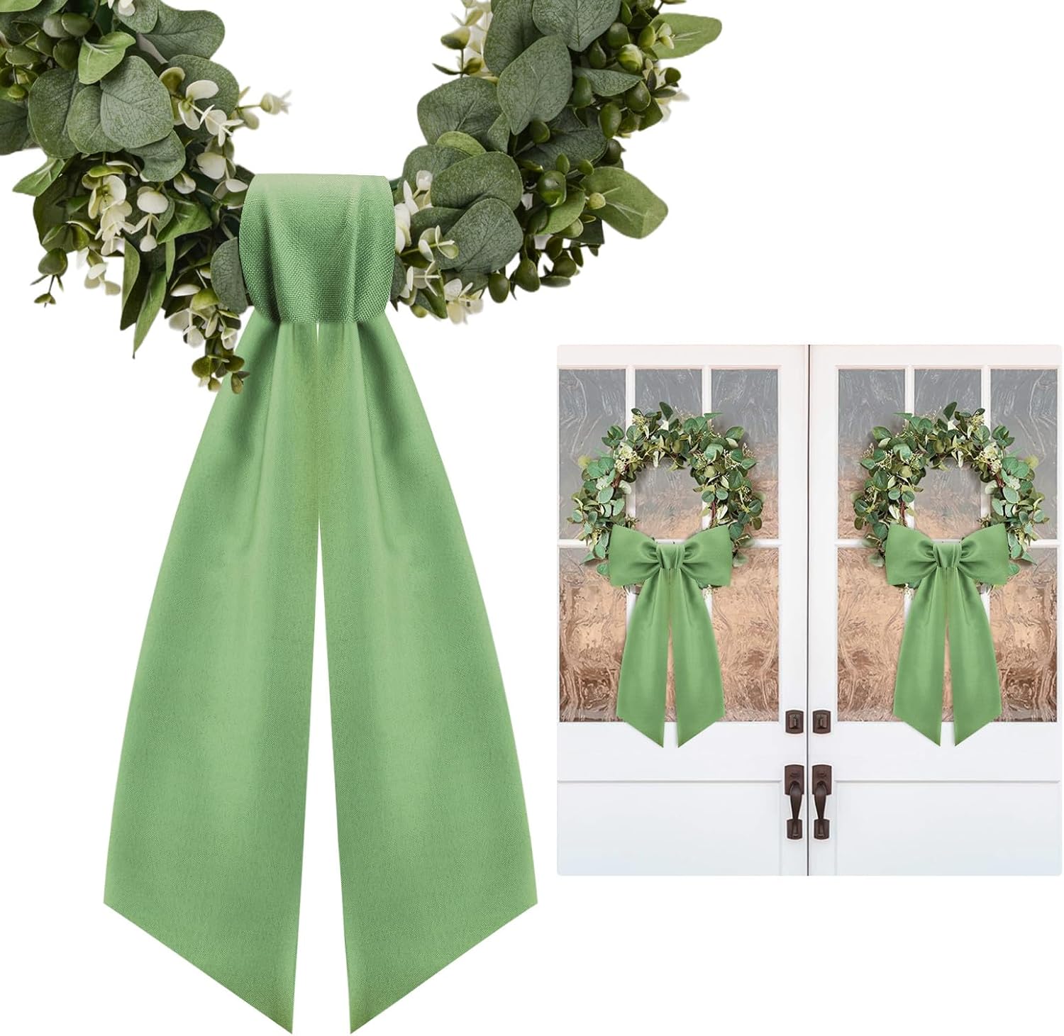 Skiennix Sage Green Wreath Sash - Elegant Linen Ribbon Bow for Front Door & Porch Decor | 2 Pcs