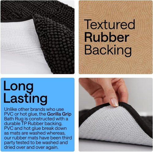 GORILLA GRIP Bath Rug Mat - Thick Soft Absorbent Chenille | Quick-Dry Microfiber, 54x24, Black