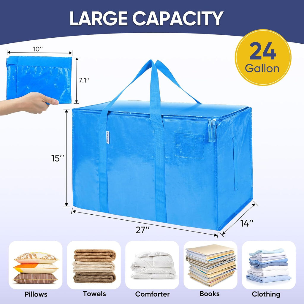 TICONN Extra Large Moving Bags - Heavy Duty Storage with Zippers & Handles | 6 Pack, Sky Blue