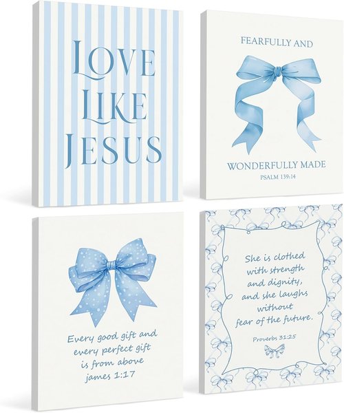 LARTSFRO Coquette Blue Bow Canvas Wall Art - Inspirational Bible Verses | 11x14 Inch Set of 4 for Teen Girls' Rooms