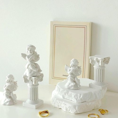 LIYAOLI Cherub Decor Set - 4 Adorable 2.7'' Angel Statues & 2 Roman Decorative Columns for Home Decor