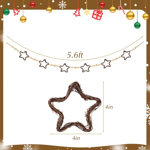 Christmas Decorations Indoor: 6.5ft Farmhouse Christmas Garland Rattan Stars Wooden Beads Christmas Decor,Cute Rustic Stars Ornaments Xmas Banner for Mantel Fireplace Home Wall