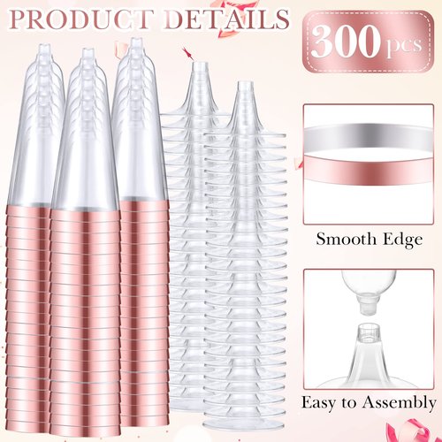 Gerrii 300 Pcs Plastic Champagne Flutes Bulk, 4.5 oz Clear Disposable Champagne Flutes, Rimmed Toasting Glasses for Wedding Birthday Anniversary Celebration Party Wine(Rose Gold Rim)