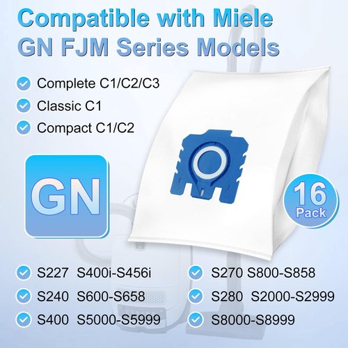 Upgraded 16 Pack 3D Airclean Dust Bags Replacement for Miele GN Vacuum Cleaner Bags for Miele Classic C1, Complete C1 C2 C3, S227, S240, S270, S280, S400, S2, S5, S8 Series Airclean Bags