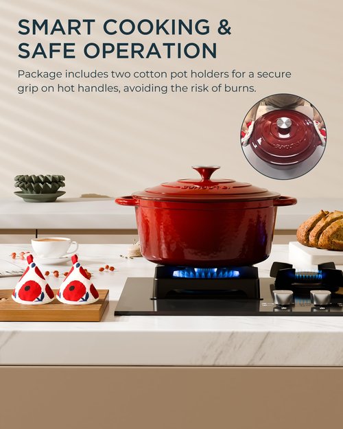 Enameled Cast Iron Dutch Oven - 6QT Pot with Lid & Cotton Potholders - Heavy-Duty Cookware for Braising, Stews, Roasting, Bread Baking, Oven Safe up to 500°F & Suitable for All Cooktops, Cherry Red