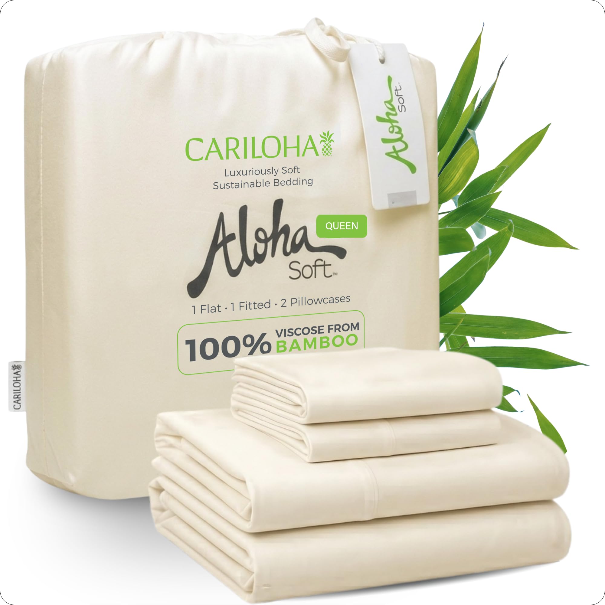 Cariloha Aloha Soft 100% Organic Bamboo Viscose Sheets – 4-Piece Queen Sheet Set – 16 in Deep Pockets – Buttery Soft, Hypoallergenic, Cooling Sheets – Oeko-TEX Standard 100 – Natural