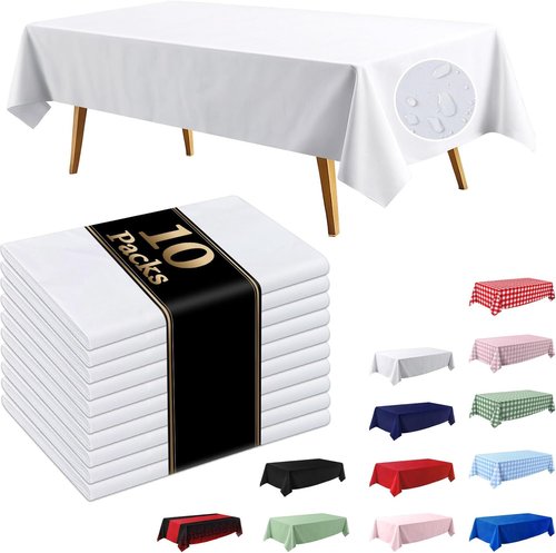 10 Pack White Disposable Tablecloths - Waterproof Plastic Rectangle Covers | 54x108 Inches for Parties & Events