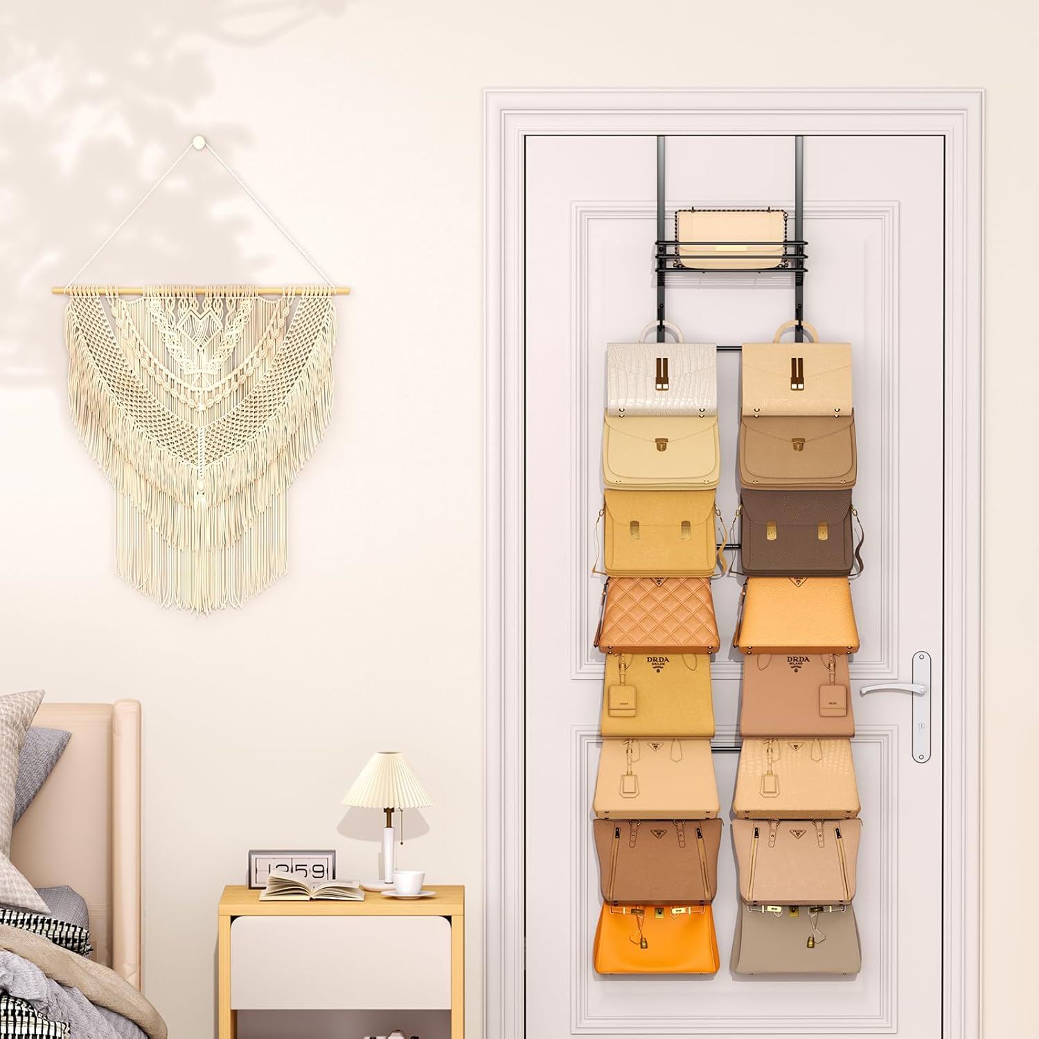 SWTYMIKI Over The Door Purse Organizer - Wall-Mounted Handbag Storage Rack with 16 Hooks & Metal Basket
