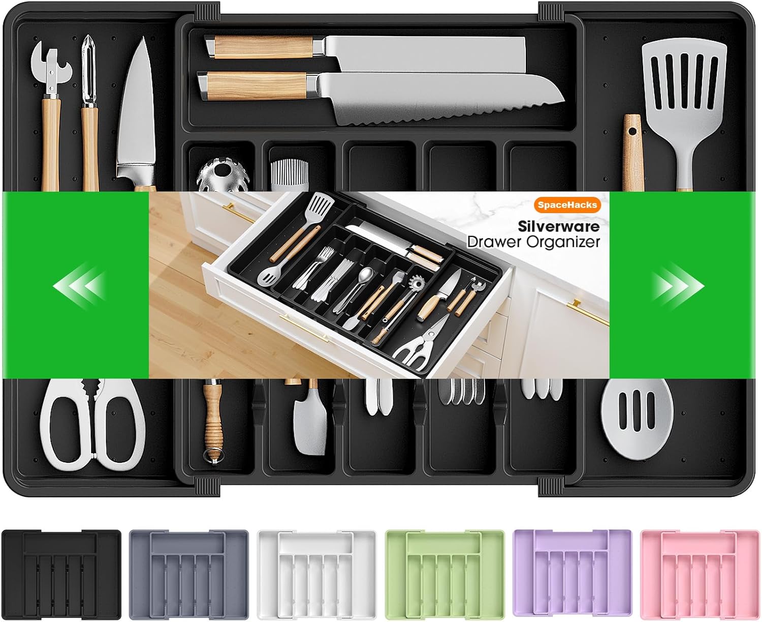SpaceHacks Adjustable Silverware Organizer - Expandable Utensil Holder for Kitchen Drawers, Large, Black