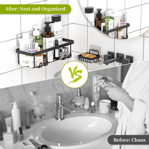 Adhesive Shower Caddy - 5 Pack Rustproof Stainless Steel Bathroom Organizers | Large Capacity, No Drilling, Black