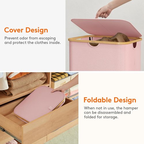 Lifewit 150L Laundry Basket - Foldable Hamper with Lid & Bamboo Handles | Pink, Removable Bags