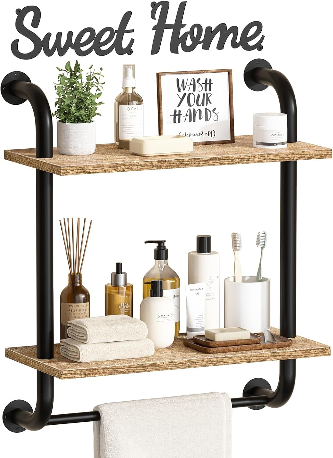 Tinpin Rustic Farmhouse Wall-Mounted Bathroom Shelves - 2-Tier Industrial Floating Shelf Decor | 17.3 Inch