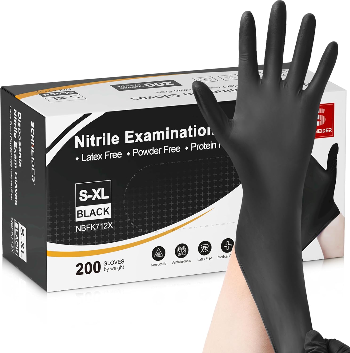 Schneider Nitrile Exam Gloves - 4 Mil Black Disposable, Latex-Free & Food Safe for Cooking and Prep
