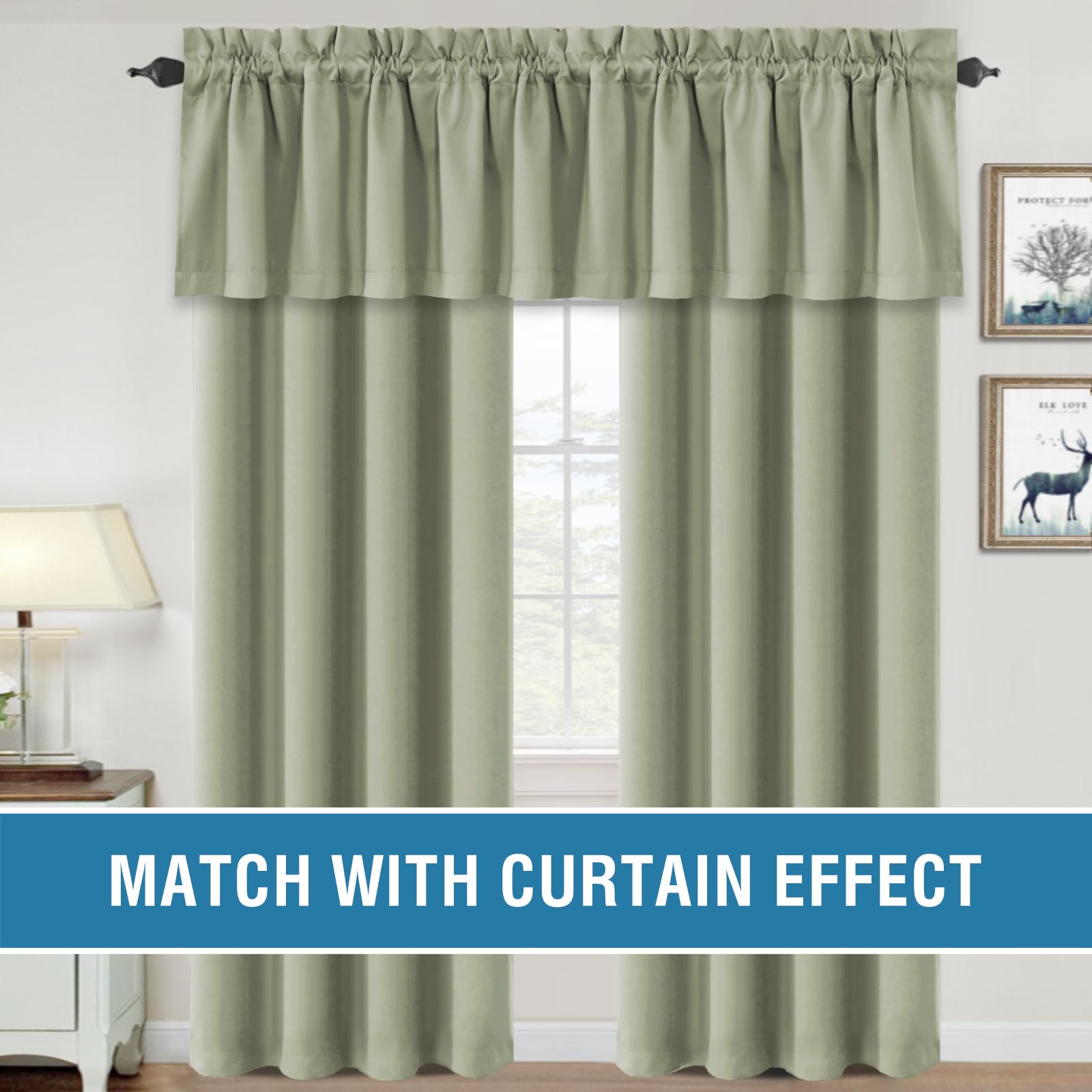 H.VERSAILTEX 100% Blackout Curtain Valances for Kitchen Windows/Bathroom/Living Room/Bedroom Thermal Insulated Rod Pocket Valances for Windows, 2 Pack, 52" x 18", Light Sage