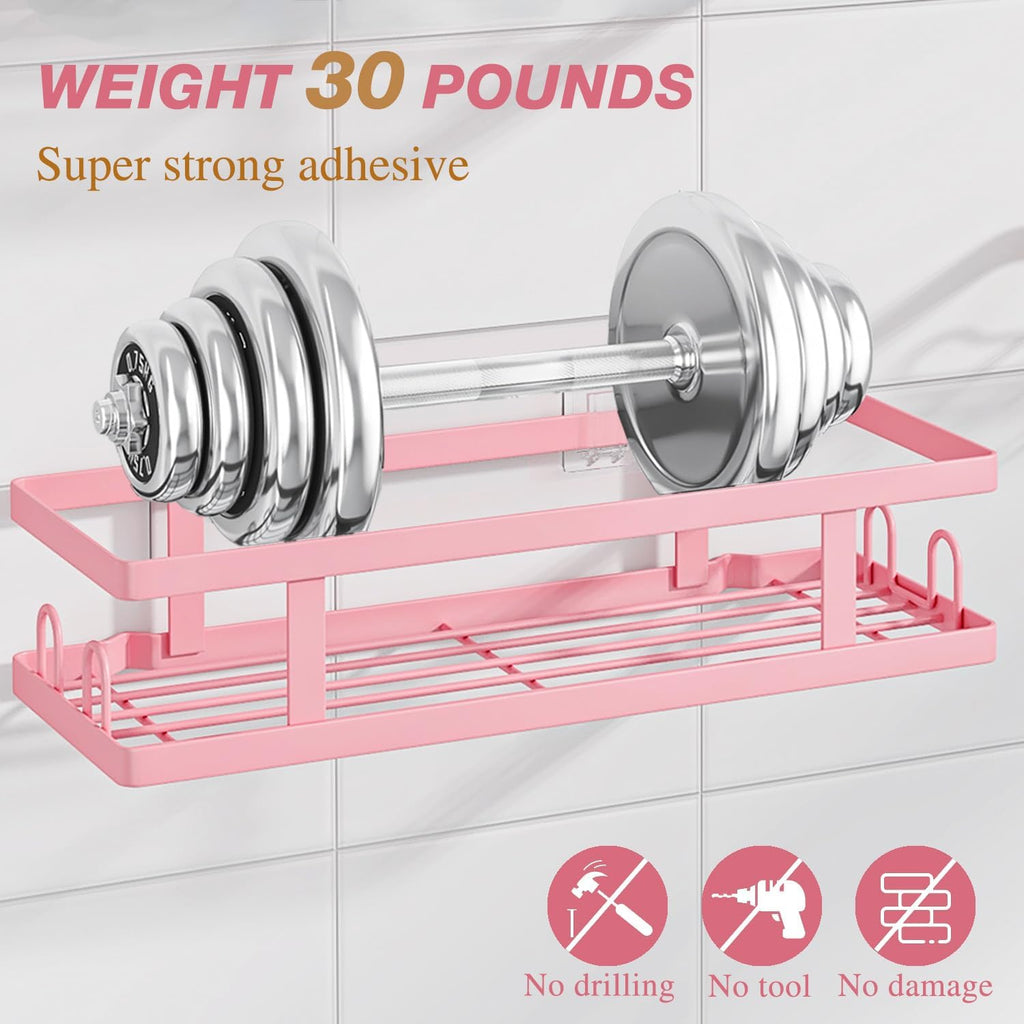 Youvip Adhesive Shower Caddy - No-Drill Bathroom Organizer with Soap Holder & 12 Hooks | Pink, 3 Pack