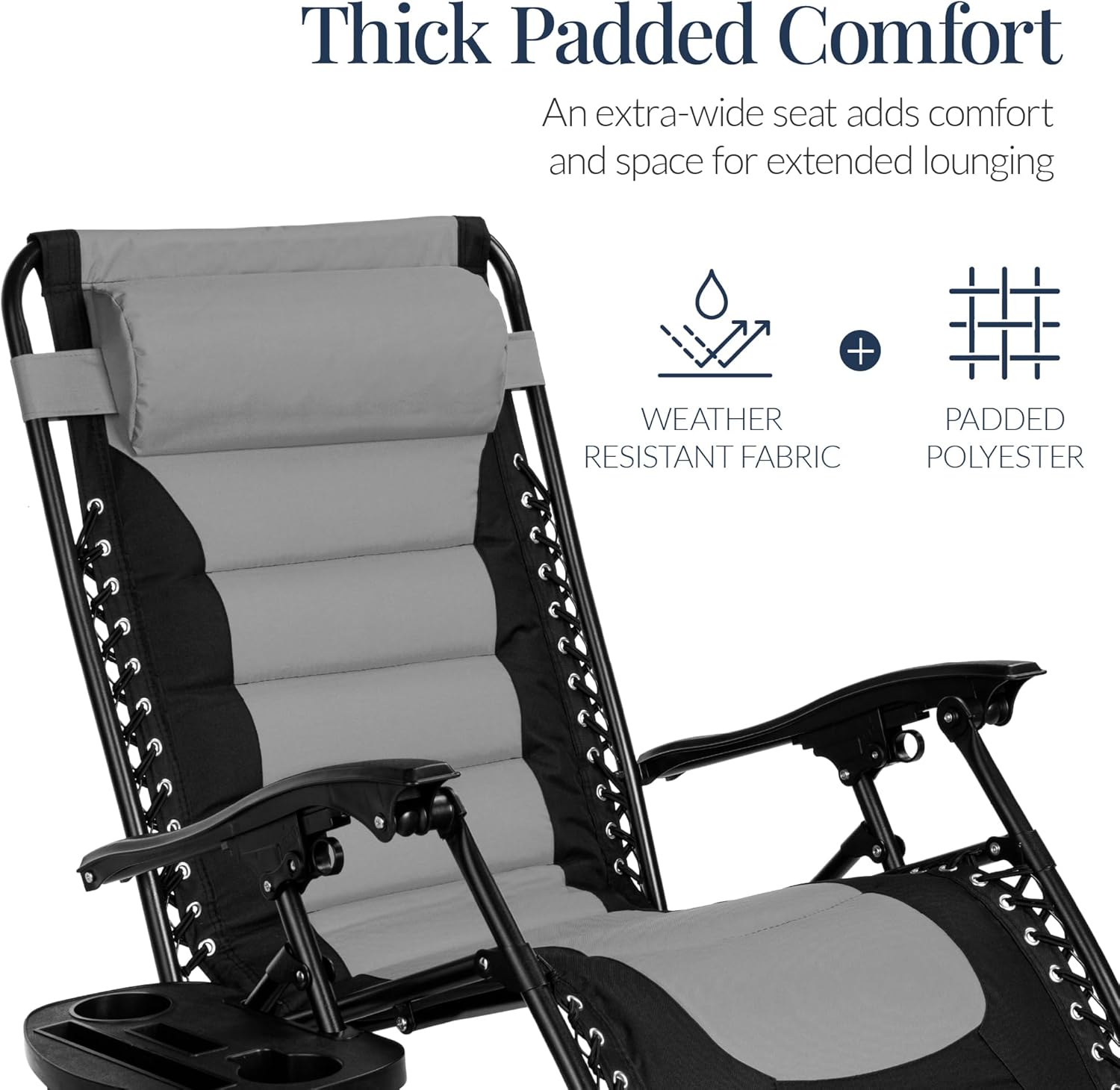 Best Choice Products Oversized Padded Zero Gravity Chair - XL Outdoor Recliner with Headrest & Cup Holder | Gray