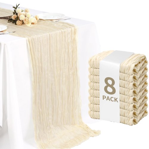 Fixwal 8 Pack Ivory Cream Cheesecloth Table Runners, 35x120 Inch Beige Pleated Boho Gauze Table Runner, Long Semi-Transparent Table Decorations for Parties, Showers, Birthdays and Weddings
