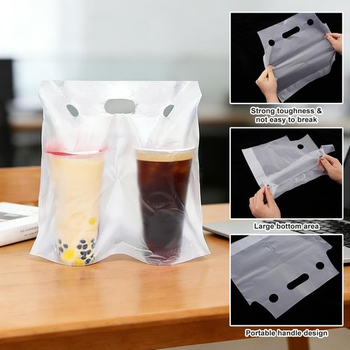 Whaline 1500 Count Handle Drink Bag 2 Cups Clear Plastic Packaging Poly Bag Carriers for Delivery Take Out Cup Holder Beverage Coffee Juice Mike Tea Supplies