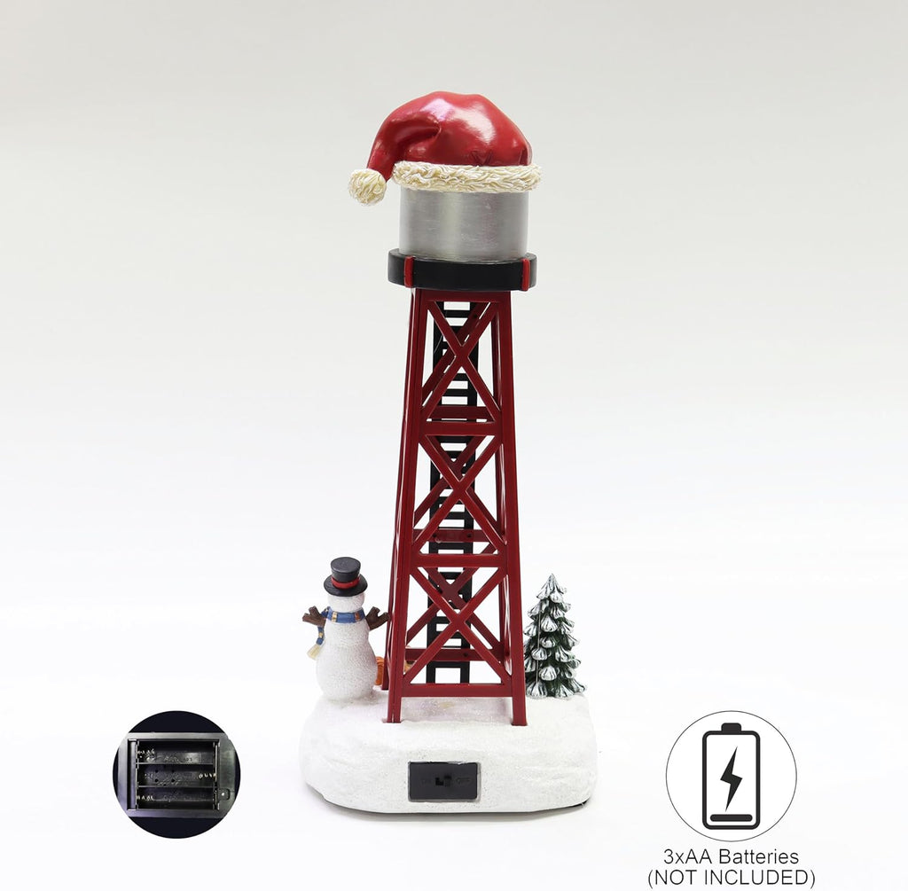 Moments In Time Water Tower Christmas Village - 12” LED Holiday Decoration with Santa Hat & Snowman