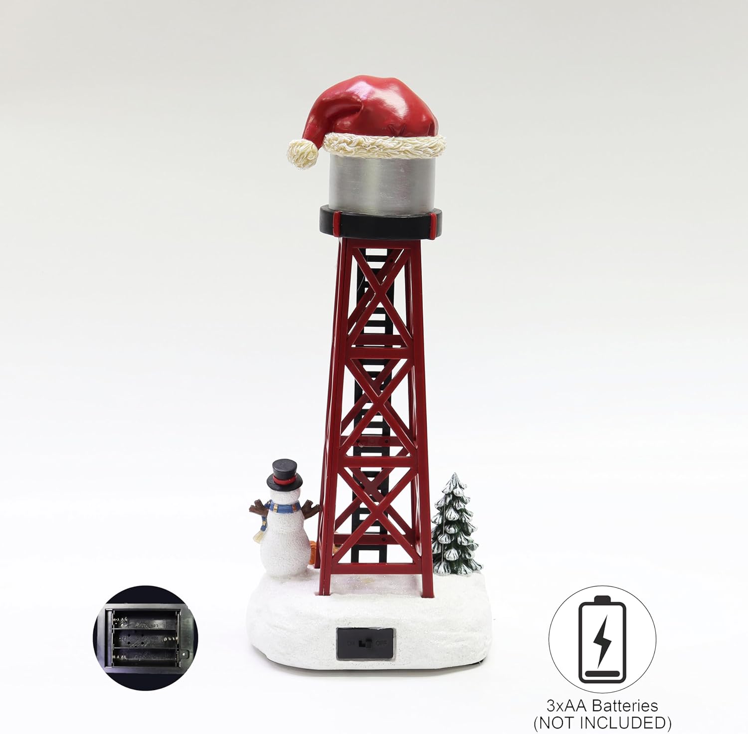 Moments In Time Water Tower Christmas Village - 12” LED Holiday Decoration with Santa Hat & Snowman
