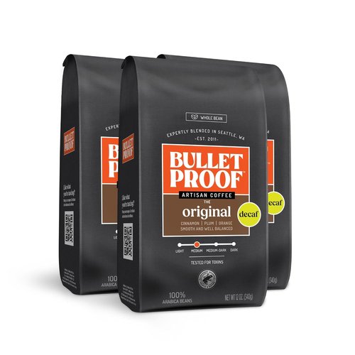Bulletproof Original Decaf Coffee - Medium Roast Whole Beans, 12 Ounces (Pack of 3) | 100% Arabica Blend