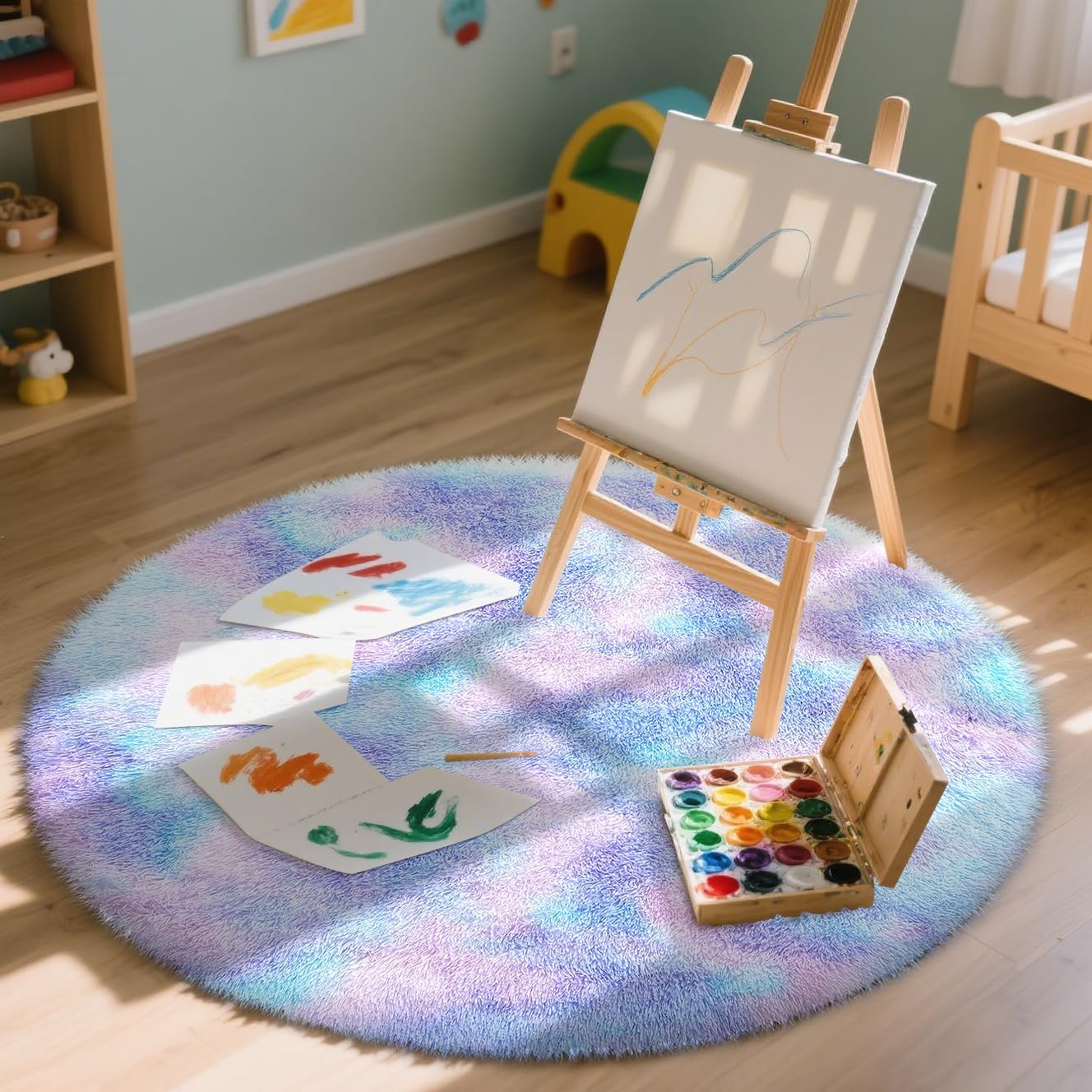 OLANLY Round Purple Rainbow Rug - Soft, Fluffy, Machine Washable 4x4 Feet Area Rug for Bedroom & Nursery Decor