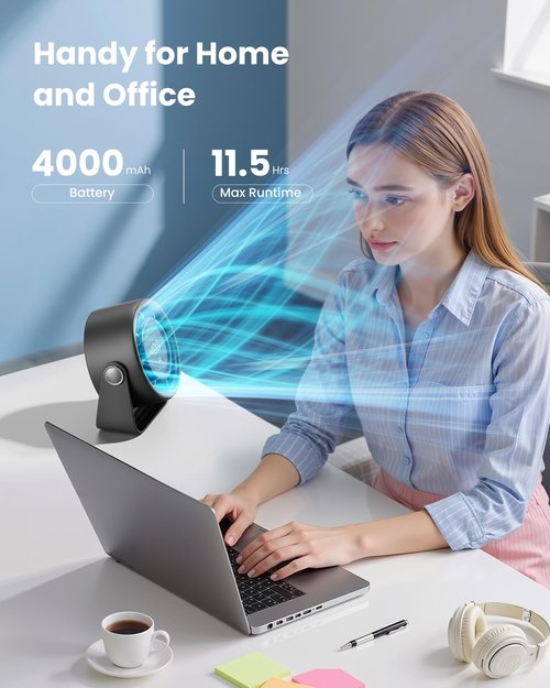 Gaiatop Small Desk Fan Rechargeable, Quiet Personal Table Fan, Touch Control Display, 360° Tilt, 5-Speed Strong Wind, 4000mAh Battery, Small Fans for Bedroom Dorm Office, Gifts for Women Men, Black