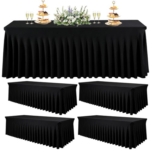 PWDAN 5 Pack Spandex Table Cloths for 6 Foot Rectangle Tables, Wrinkle Free Black Fitted Table Covers 6 Ft Stretch Polyester Tablecloths with Skirt for Party Banquet Wedding Birthday Christmas
