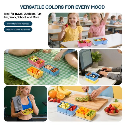 3 Pack Silicone Snack Containers with Lids, 12 oz Double Compartment Reusable Snack Bento Box for Kids , Leakproof Food Storage Boxes for Sauce, Fruit, Snacks, School, Office, Picnic, Easy to Clean